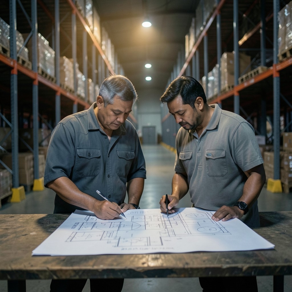 Consultant and compliance lead reviewing a floor sketch in a warehouse corridor