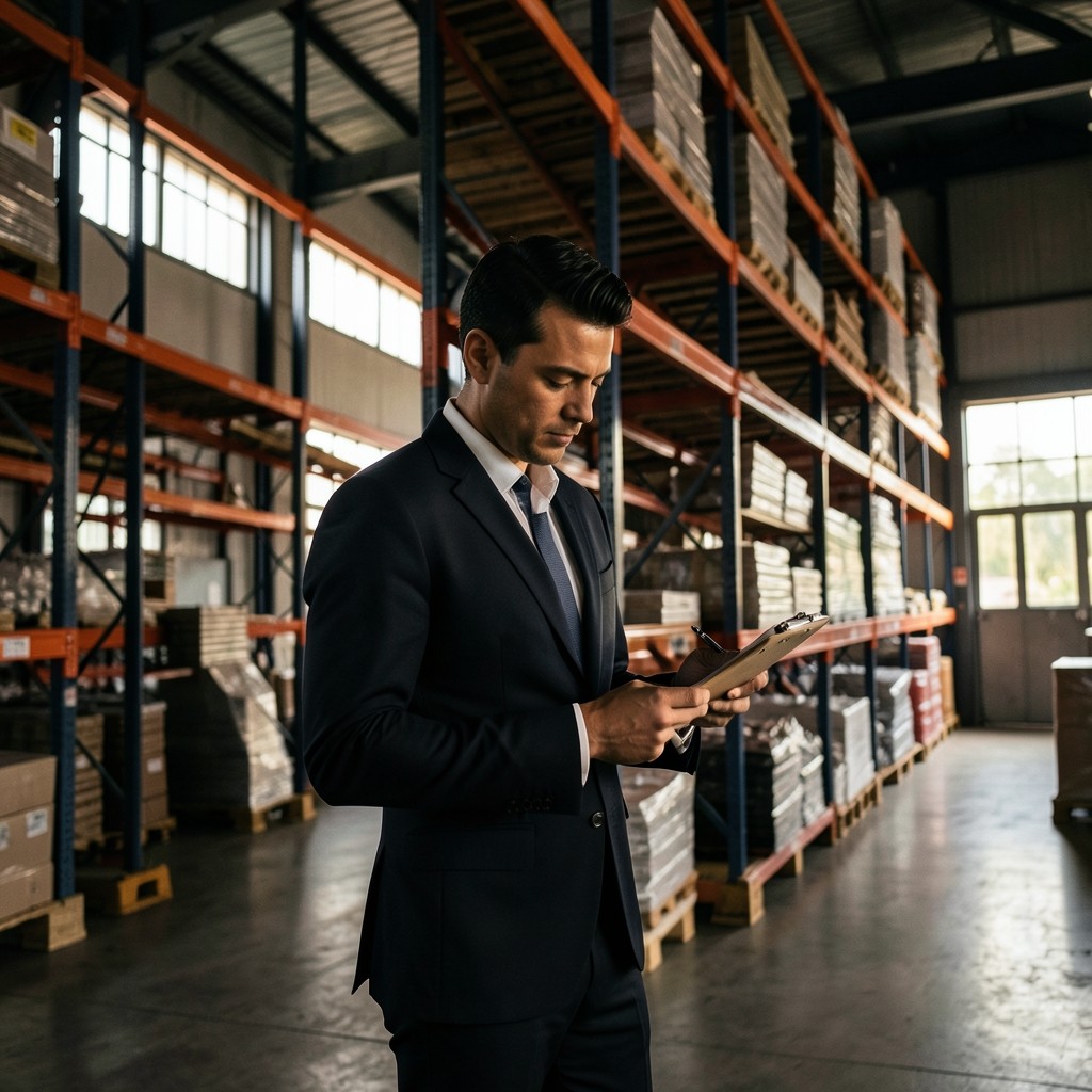 Consultant reviewing racking notes beside warehouse shelves
