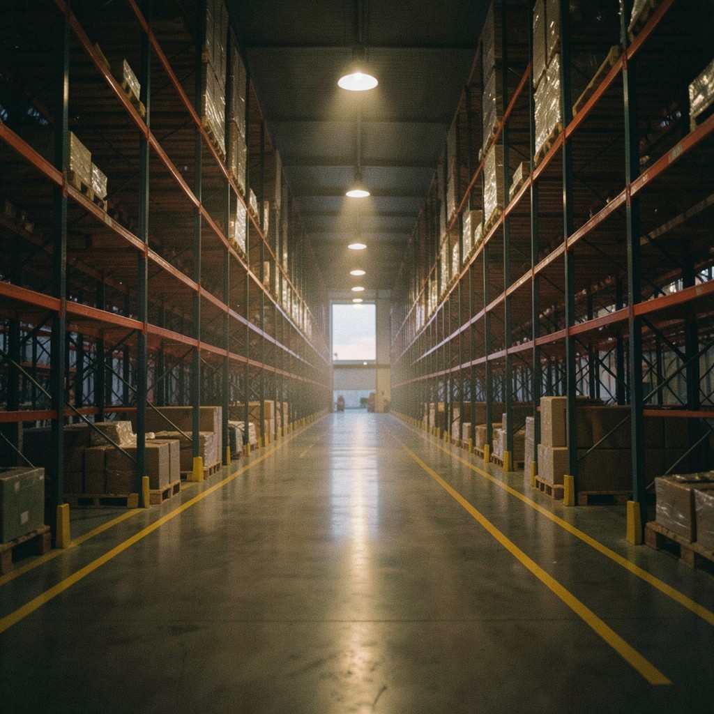Dim warehouse aisle with tall racking and warm overhead light