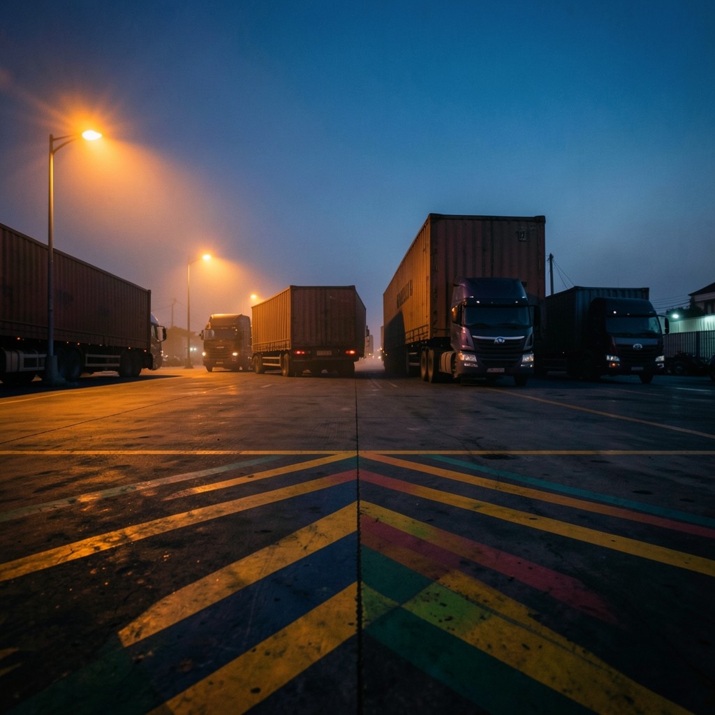 Warehouse loading dock at dusk with safety markings visible